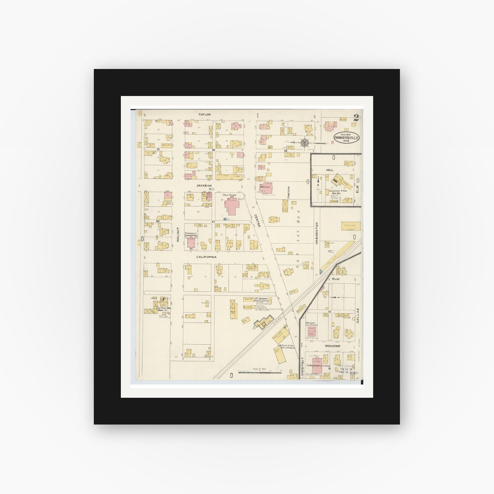 Old map wall art mockup — black gallery frame with white mat — Sanborn Fire Insurance Map from Farmersville, Montogomery County, Ohio (1912), Sheet #0002