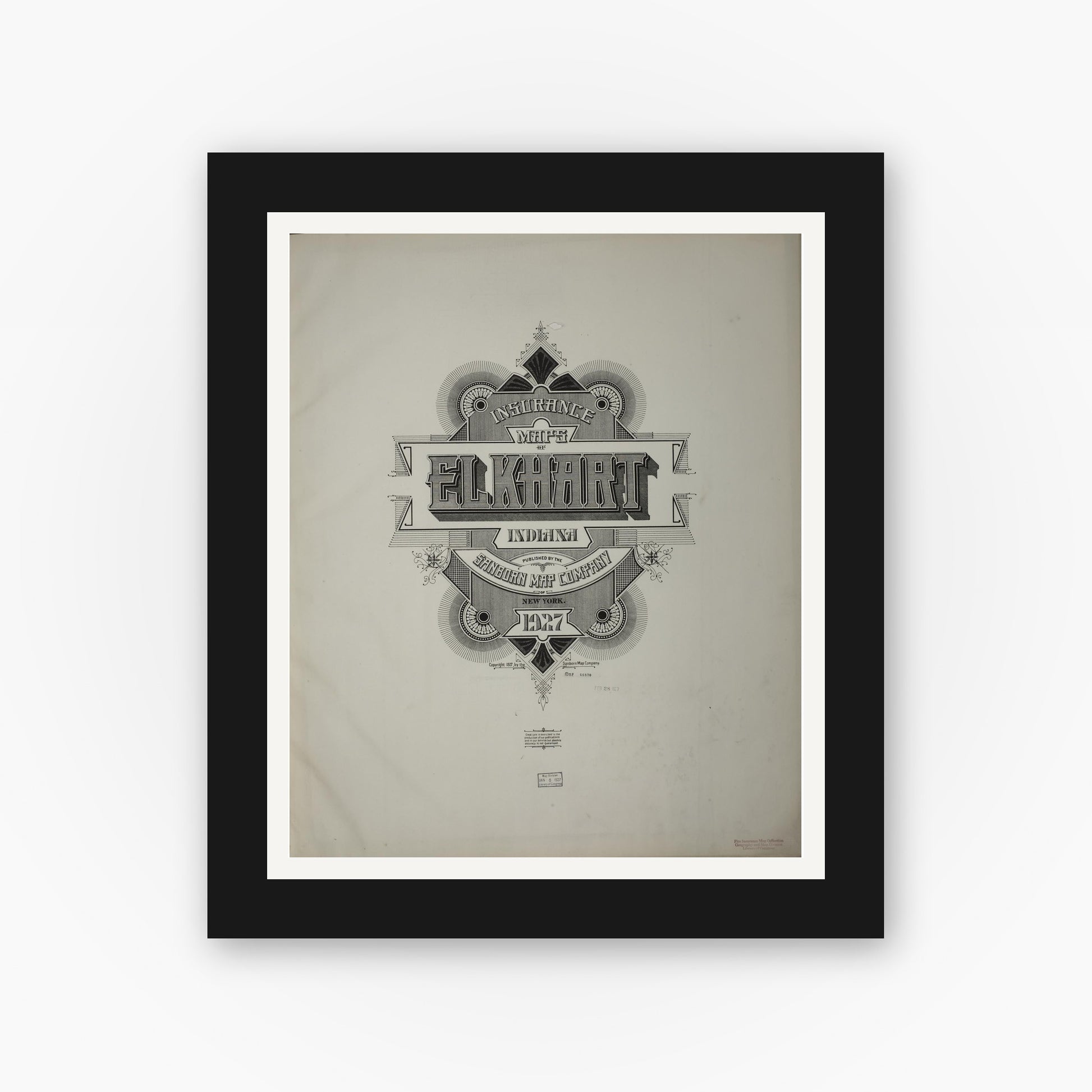 Old map wall art mockup — black gallery frame with white mat — Sanborn Fire Insurance Map from Elkhart, Elkhart County, Indiana (1927), Sheet #0001
