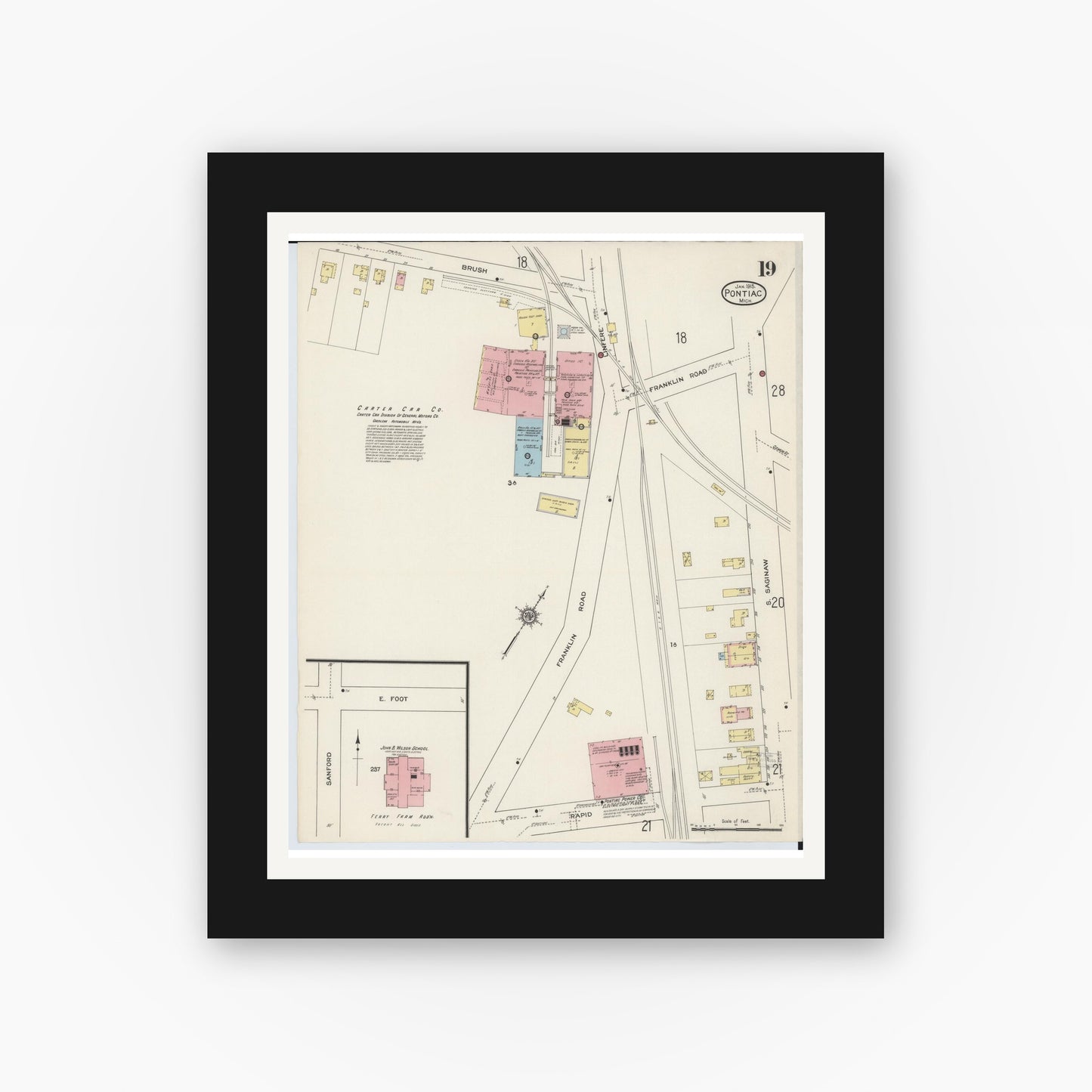 Old map wall art mockup — black gallery frame with white mat — Sanborn Fire Insurance Map from Pontiac, Oakland County, Michigan (1915), Sheet #0019