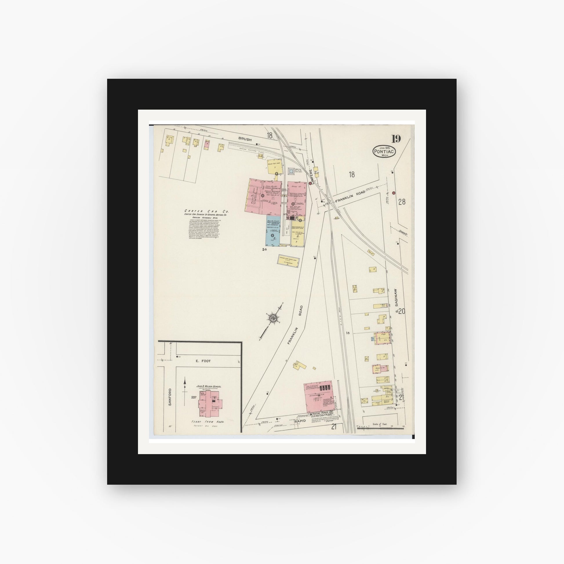 Old map wall art mockup — black gallery frame with white mat — Sanborn Fire Insurance Map from Pontiac, Oakland County, Michigan (1915), Sheet #0019
