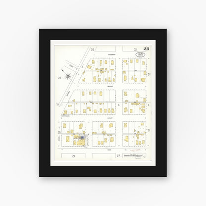 Old map wall art mockup — black gallery frame with white mat — Sanborn Fire Insurance Map from Chico, Butte County, California (1909), Sheet #0028