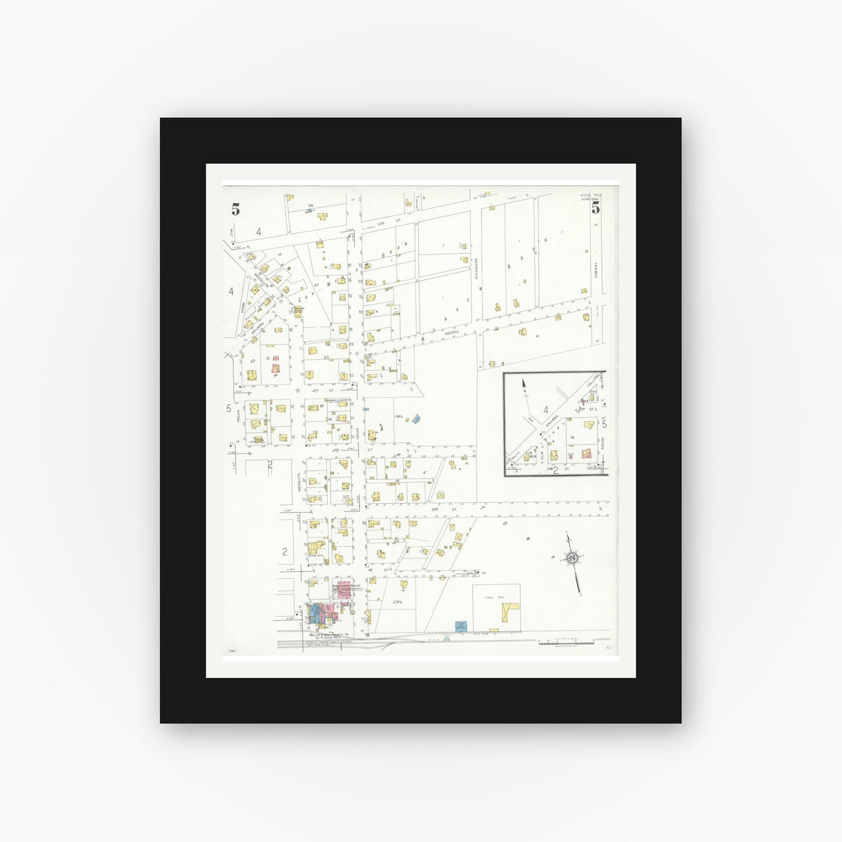Old map wall art mockup — black gallery frame with white mat — Sanborn Fire Insurance Map from Hico, Hamilton County, Texas (1934), Sheet #0005
