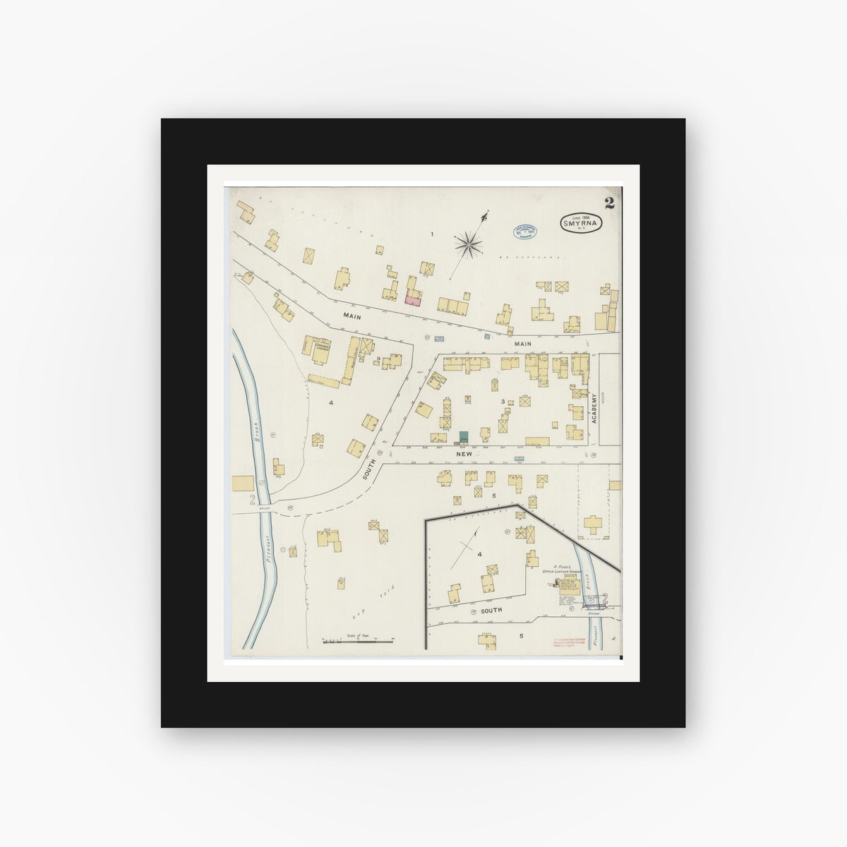 Old map wall art mockup — black gallery frame with white mat — Sanborn Fire Insurance Map from Smyrna, Chenango County, New York (1894), Sheet #0002