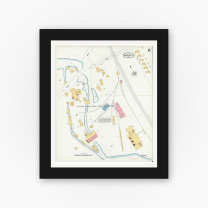Old map wall art mockup — black gallery frame with white mat — Sanborn Fire Insurance Map from Bridgewater, Plymouth County, Massachusetts (1906), Sheet #0008