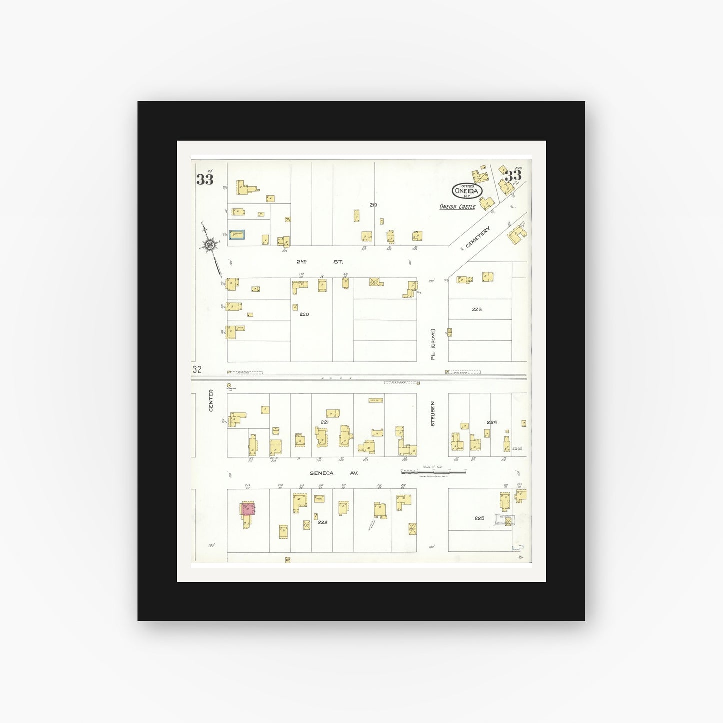 Old map wall art mockup — black gallery frame with white mat — Sanborn Fire Insurance Map from Oneida, Madison County, New York (1923), Sheet #0033