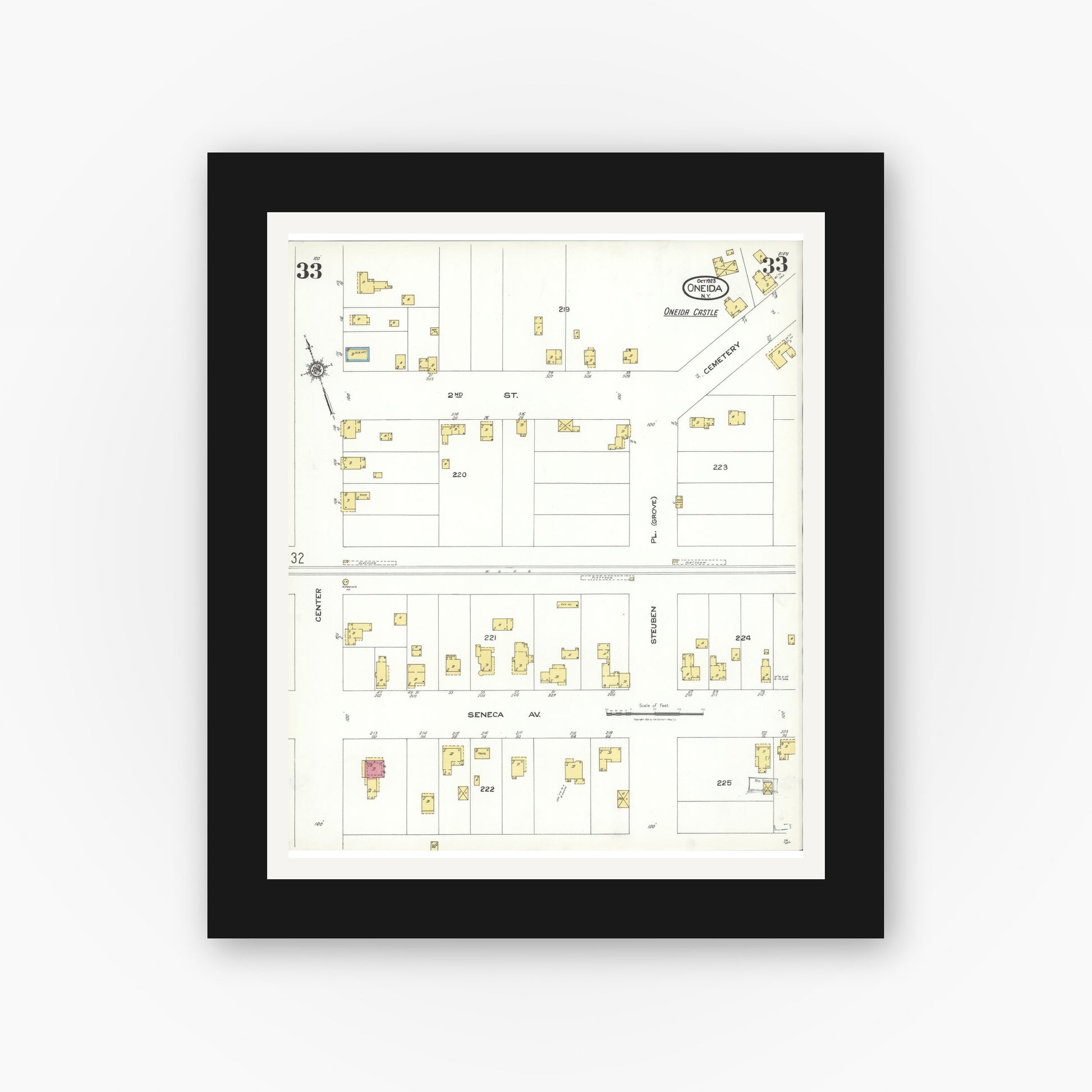 Old map wall art mockup — black gallery frame with white mat — Sanborn Fire Insurance Map from Oneida, Madison County, New York (1923), Sheet #0033