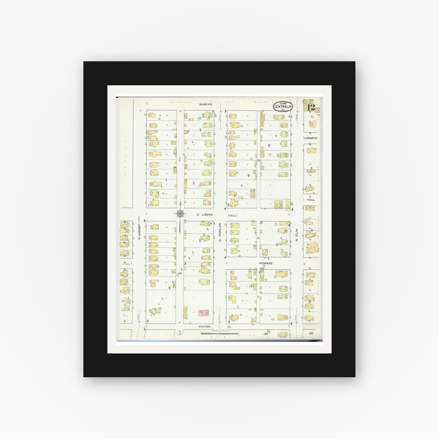 Old map wall art mockup — black gallery frame with white mat — Sanborn Fire Insurance Map from Centralia, Marion, Clinton, Jefferson, and Washington Counties, Illinois (1916), Sheet #0012