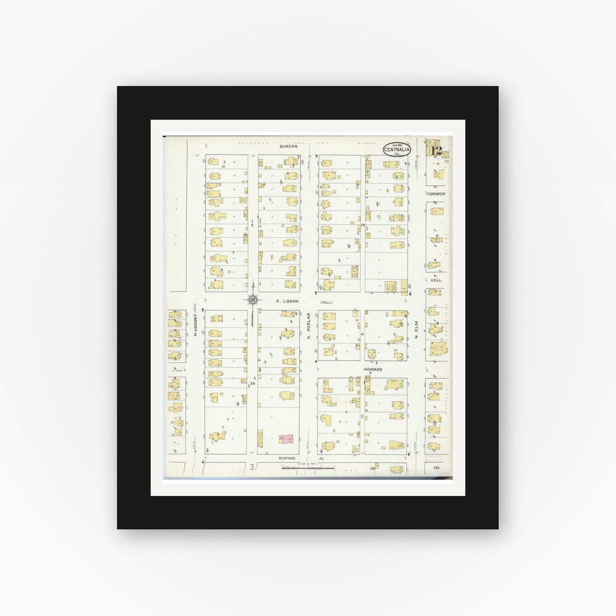 Old map wall art mockup — black gallery frame with white mat — Sanborn Fire Insurance Map from Centralia, Marion, Clinton, Jefferson, and Washington Counties, Illinois (1916), Sheet #0012
