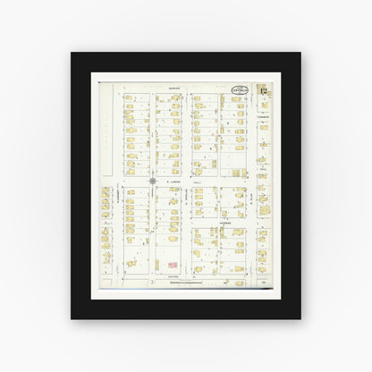 Old map wall art mockup — black gallery frame with white mat — Sanborn Fire Insurance Map from Centralia, Marion, Clinton, Jefferson, and Washington Counties, Illinois (1916), Sheet #0012