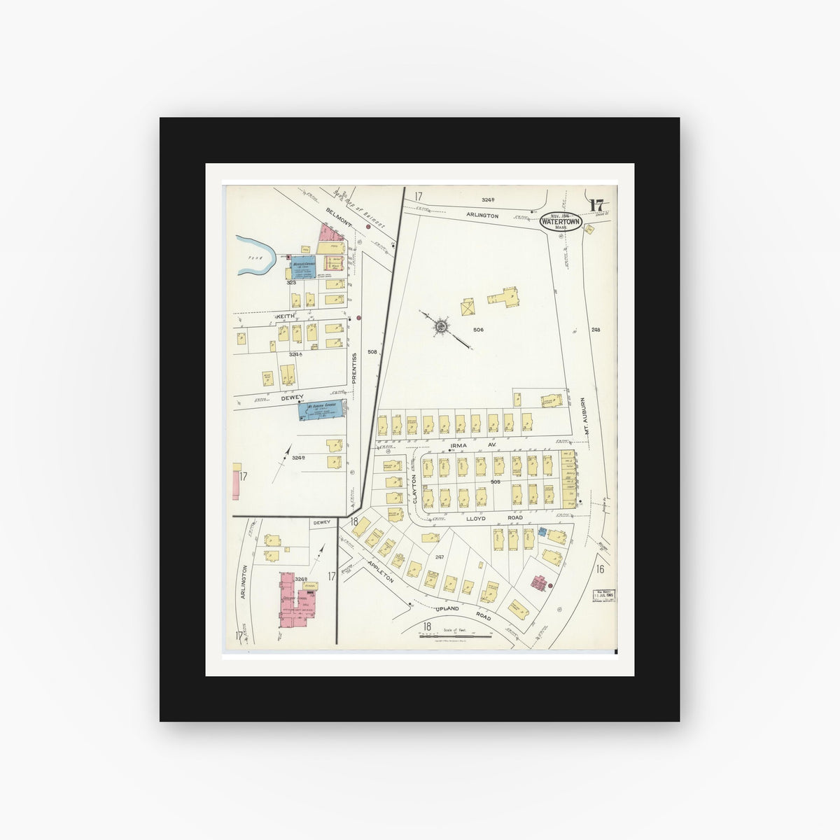 Old map wall art mockup — black gallery frame with white mat — Sanborn Fire Insurance Map from Watertown, Middlesex County, Massachusetts (1916), Sheet #0017