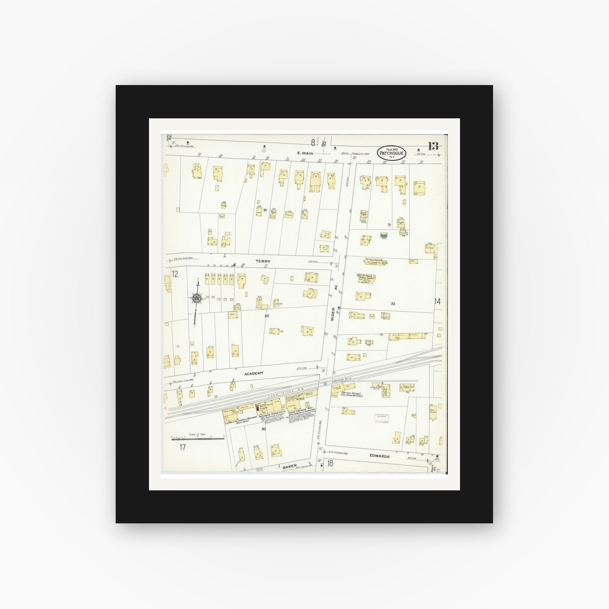 Old map wall art mockup — black gallery frame with white mat — Sanborn Fire Insurance Map from Patchogue, Suffolk County, New York (1910), Sheet #0013