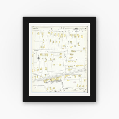 Old map wall art mockup — black gallery frame with white mat — Sanborn Fire Insurance Map from Patchogue, Suffolk County, New York (1910), Sheet #0013