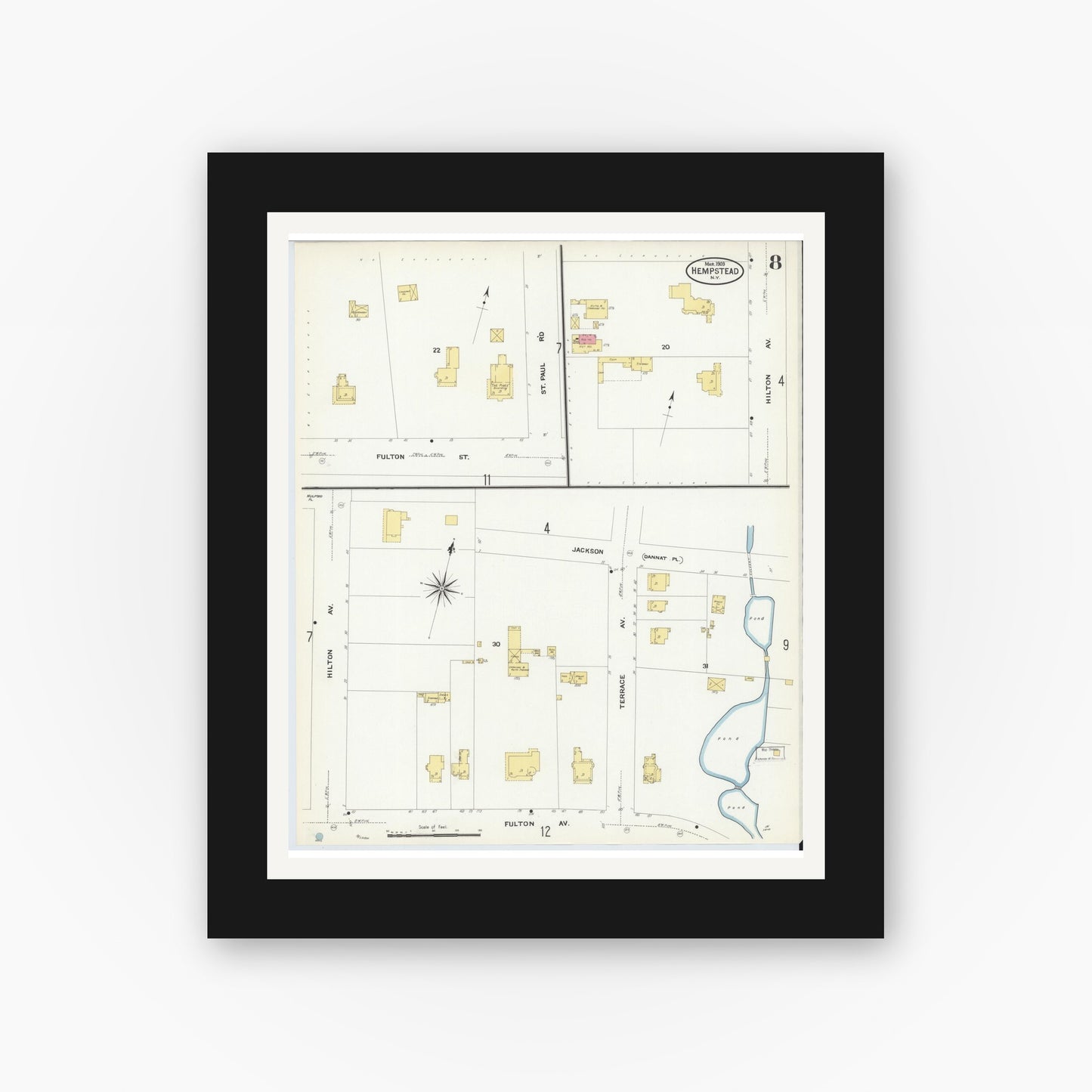 Old map wall art mockup — black gallery frame with white mat — Sanborn Fire Insurance Map from Hempstead, Nassau County, New York (1909), Sheet #0008