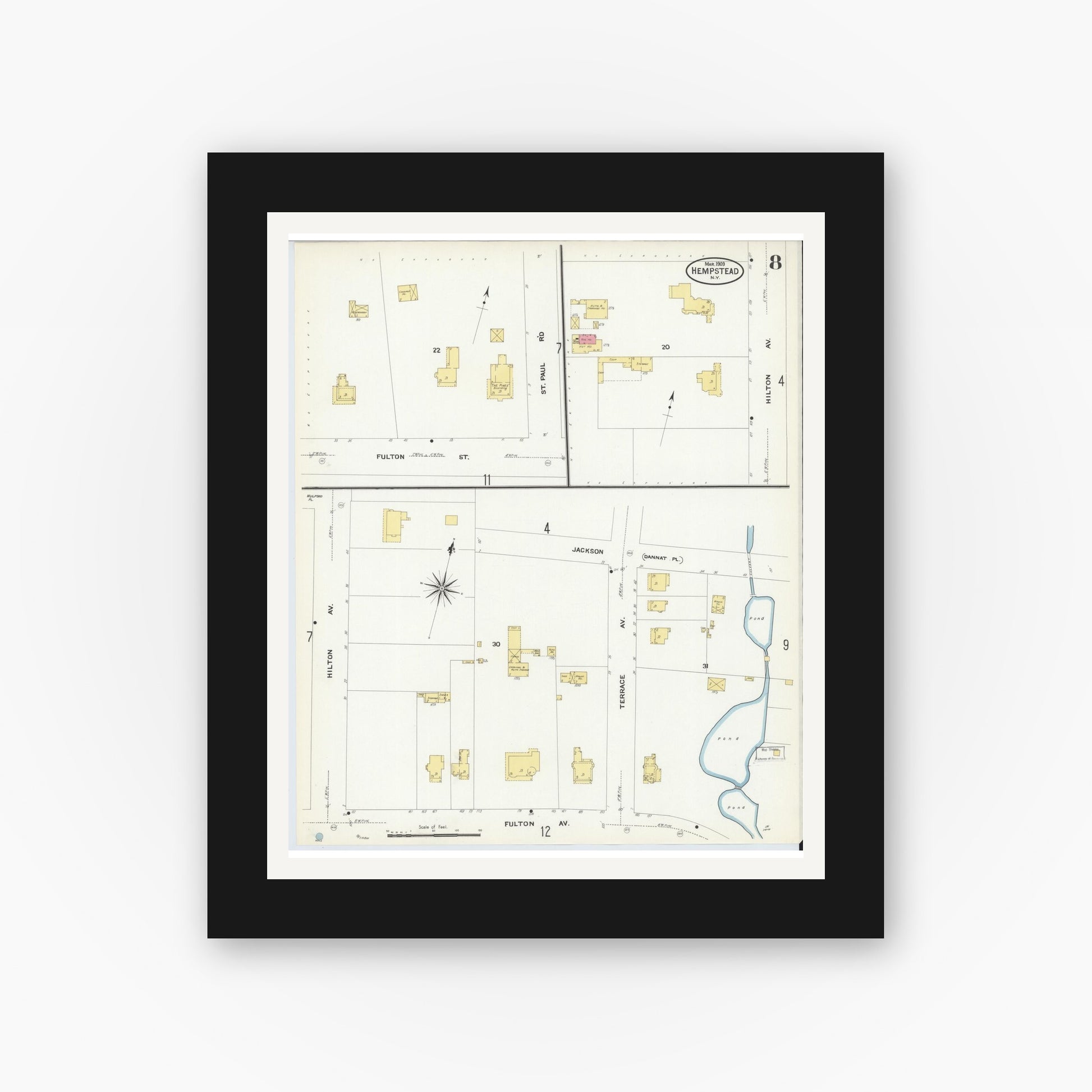Old map wall art mockup — black gallery frame with white mat — Sanborn Fire Insurance Map from Hempstead, Nassau County, New York (1909), Sheet #0008