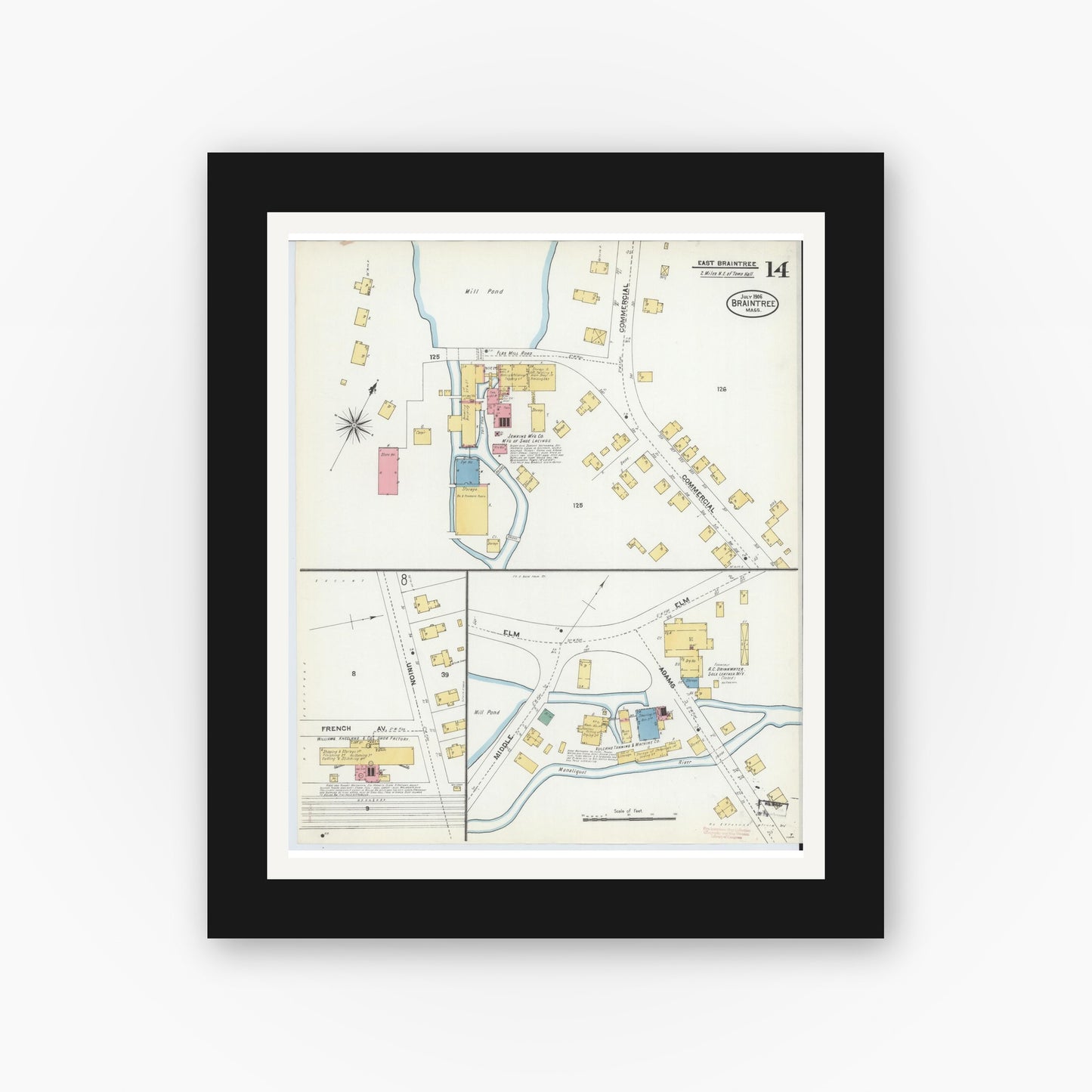 Old map wall art mockup — black gallery frame with white mat — Sanborn Fire Insurance Map from Braintree, Norfolk County, Massachusetts (1906), Sheet #0014
