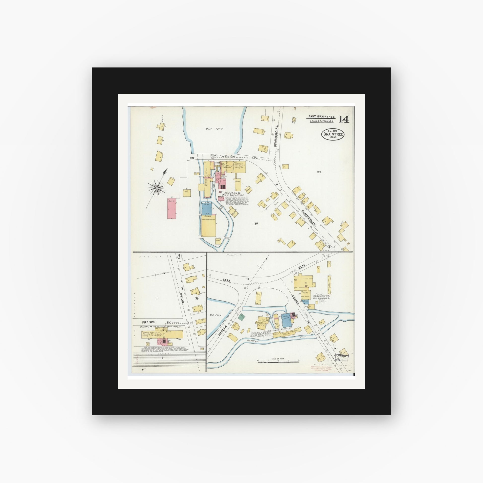 Old map wall art mockup — black gallery frame with white mat — Sanborn Fire Insurance Map from Braintree, Norfolk County, Massachusetts (1906), Sheet #0014