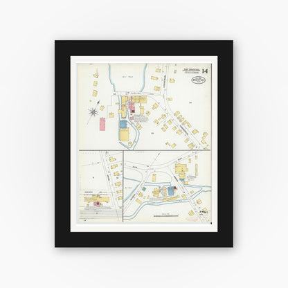 Old map wall art mockup — black gallery frame with white mat — Sanborn Fire Insurance Map from Braintree, Norfolk County, Massachusetts (1906), Sheet #0014