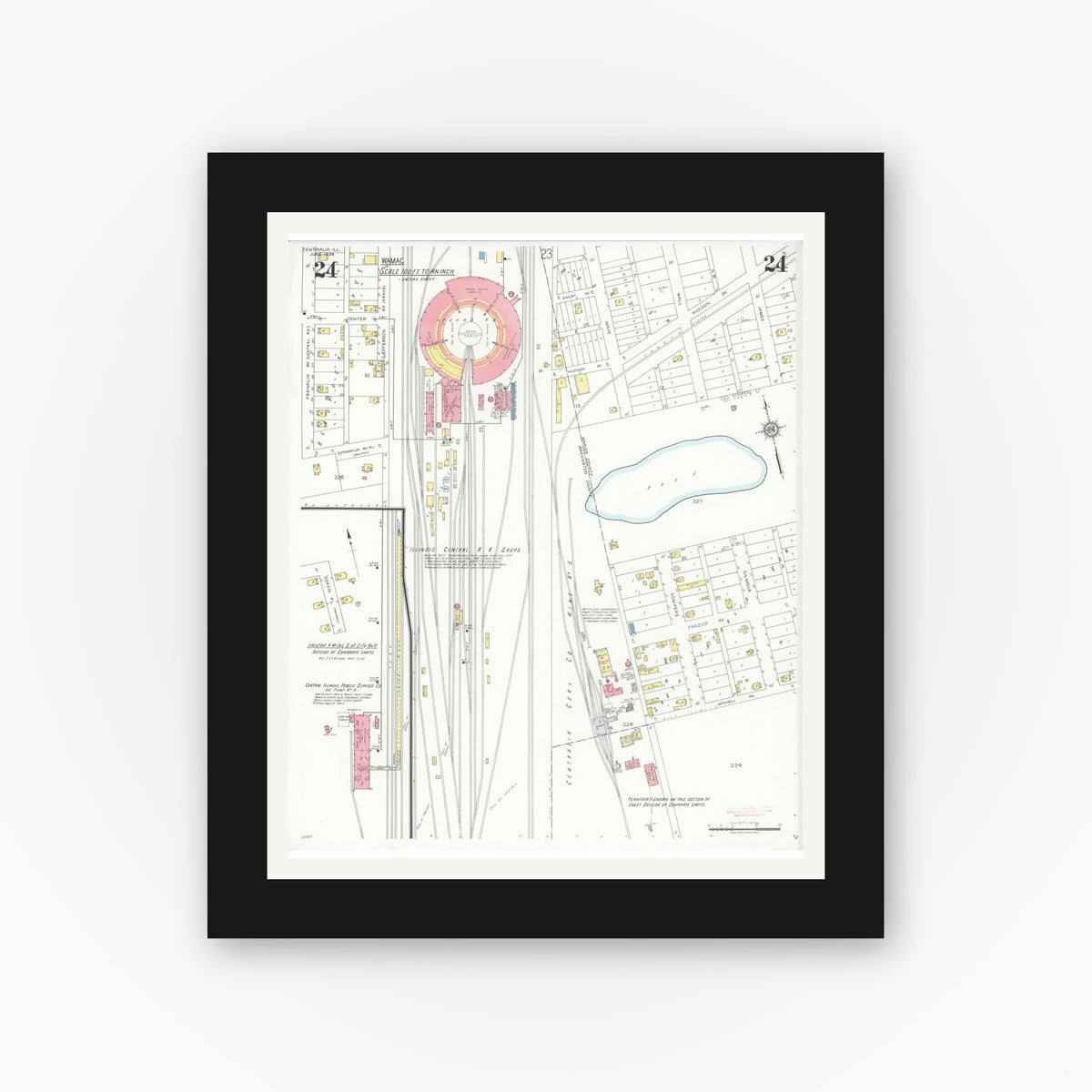 Old map wall art mockup — black gallery frame with white mat — Sanborn Fire Insurance Map from Centralia, Marion, Clinton, Jefferson, and Washington Counties, Illinois (1938), Sheet #0024