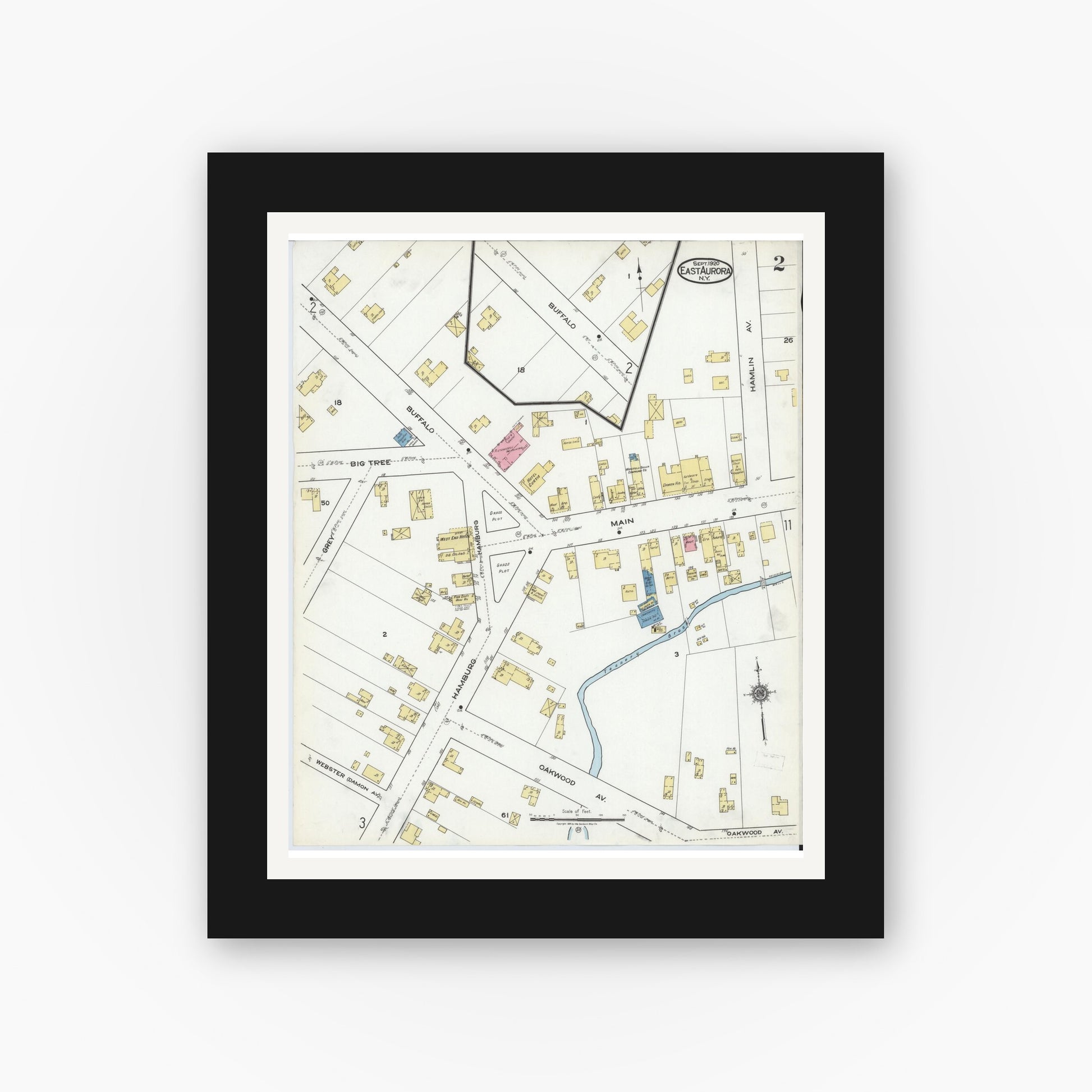 Old map wall art mockup — black gallery frame with white mat — Sanborn Fire Insurance Map from East Aurora, Erie County, New York (1920) - Complete Map Set