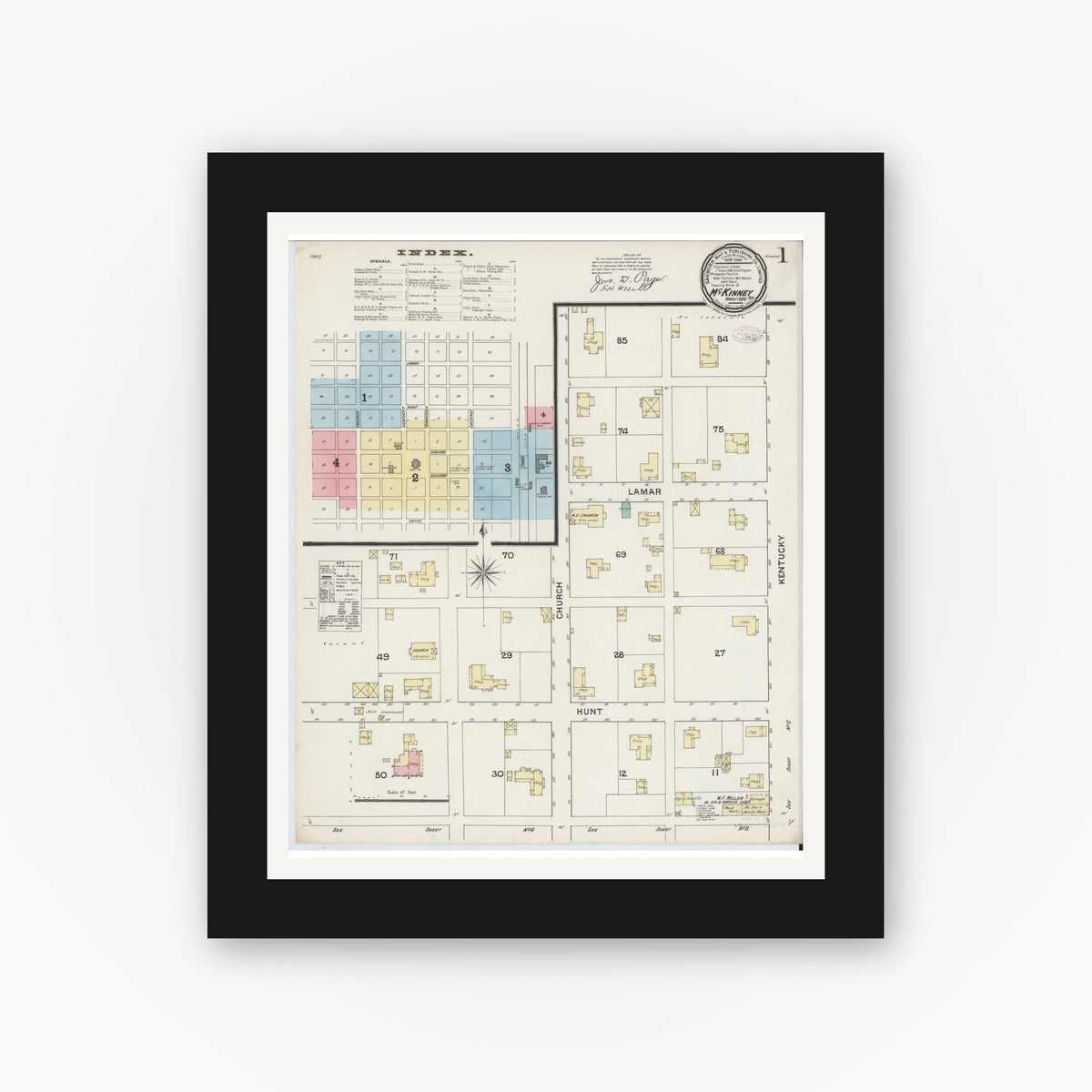 Old map wall art mockup — black gallery frame with white mat — Sanborn Fire Insurance Map from McKinney, Collin County, Texas (1888), Sheet #0001