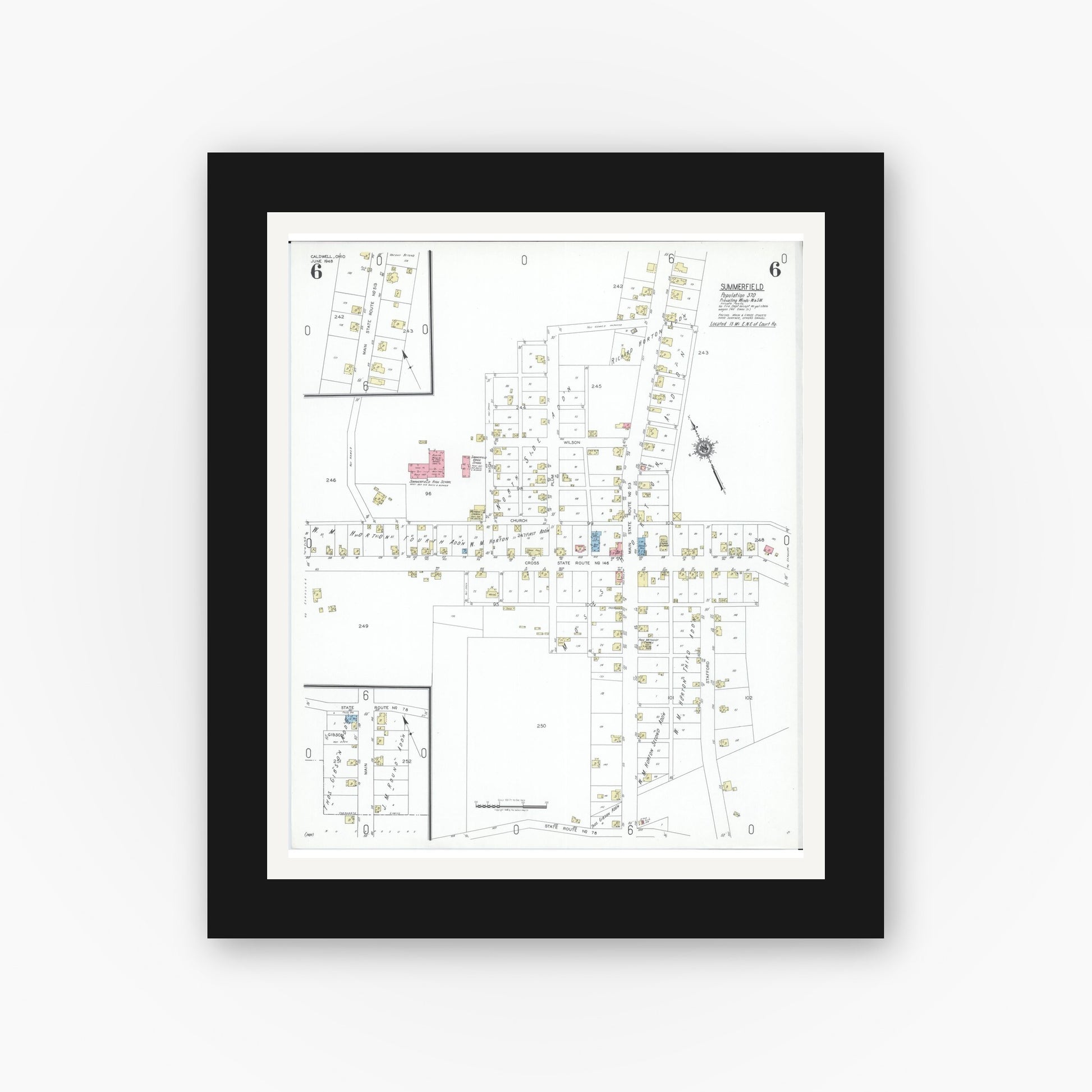 Old map wall art mockup — black gallery frame with white mat — Sanborn Fire Insurance Map from Caldwell, Noble County, Ohio (1948), Sheet #0006