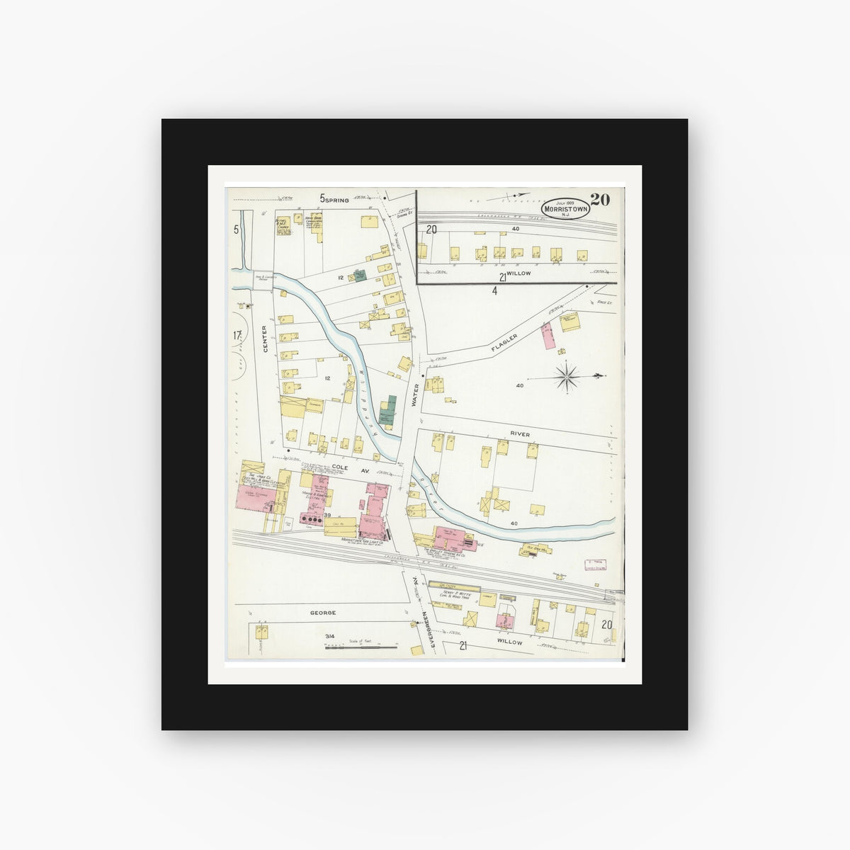 Old map wall art mockup — black gallery frame with white mat — Sanborn Fire Insurance Map from Morristown, Morris County, New Jersey (1909), Sheet #0020