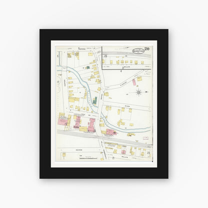 Old map wall art mockup — black gallery frame with white mat — Sanborn Fire Insurance Map from Morristown, Morris County, New Jersey (1909), Sheet #0020
