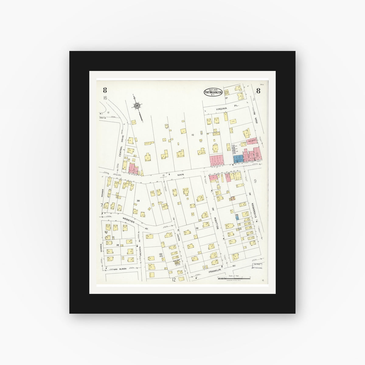 Old map wall art mockup — black gallery frame with white mat — Sanborn Fire Insurance Map from Port Washington, Nassau County, New York (1925), Sheet #0008