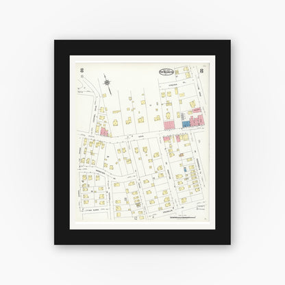 Old map wall art mockup — black gallery frame with white mat — Sanborn Fire Insurance Map from Port Washington, Nassau County, New York (1925), Sheet #0008