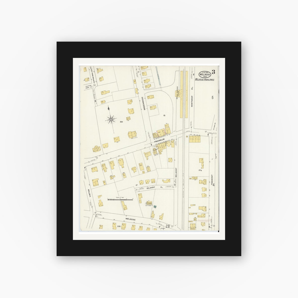 Old map wall art mockup — black gallery frame with white mat — Sanborn Fire Insurance Map from Melrose, Middlesex County, Massachusetts (1909), Sheet #0003
