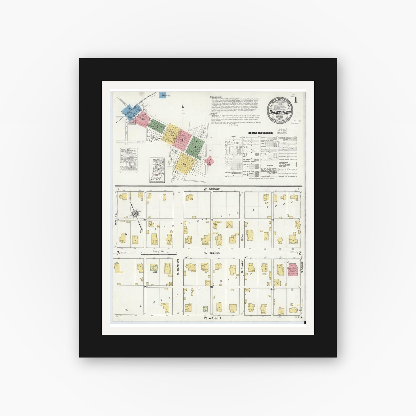 Old map wall art mockup — black gallery frame with white mat — Sanborn Fire Insurance Map from Brownstown, Jackson County, Indiana (1916), Sheet #0001