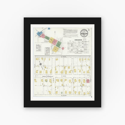 Old map wall art mockup — black gallery frame with white mat — Sanborn Fire Insurance Map from Brownstown, Jackson County, Indiana (1916), Sheet #0001
