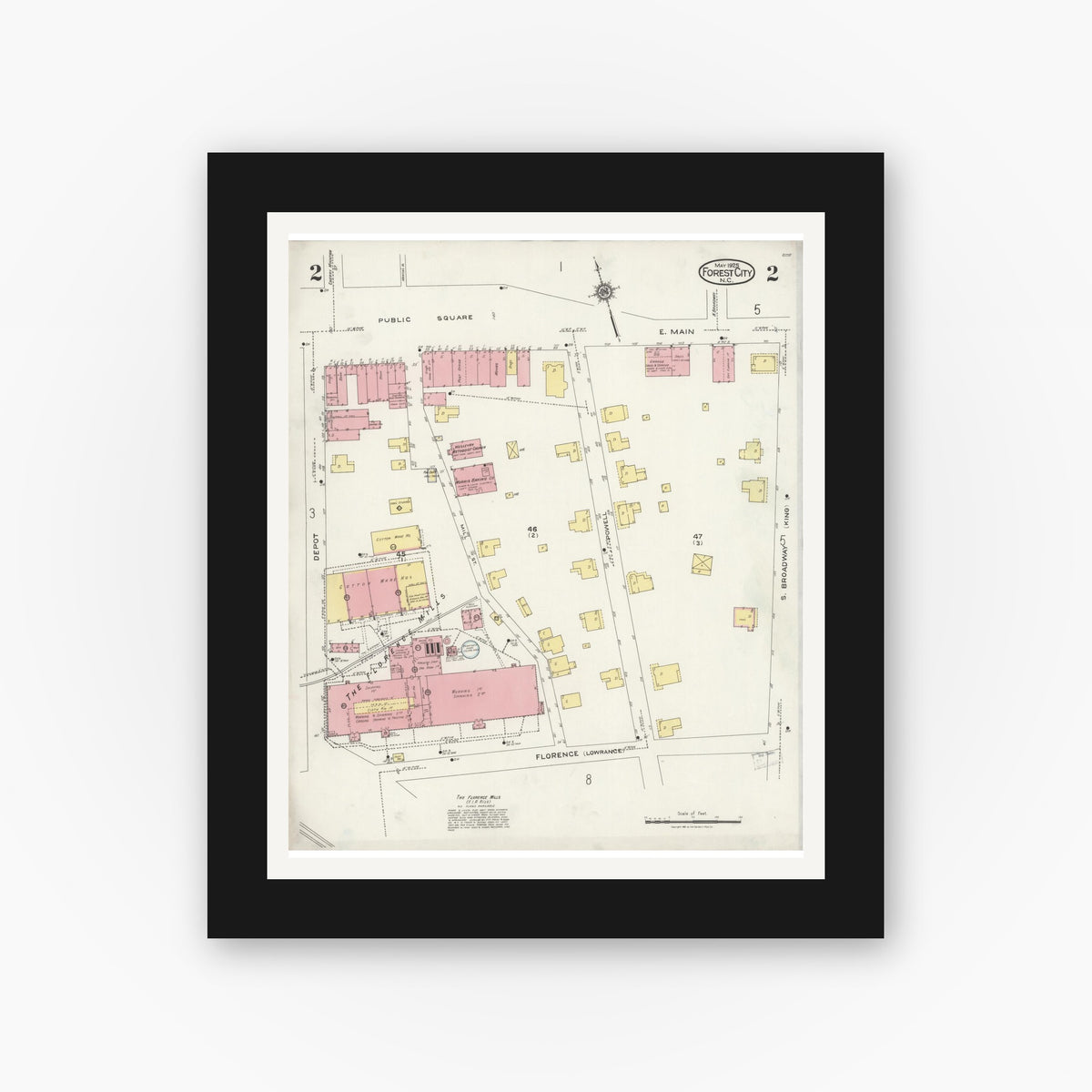 Old map wall art mockup — black gallery frame with white mat — Sanborn Fire Insurance Map from Forest City, Rutherford County, North Carolina (1925), Sheet #0002