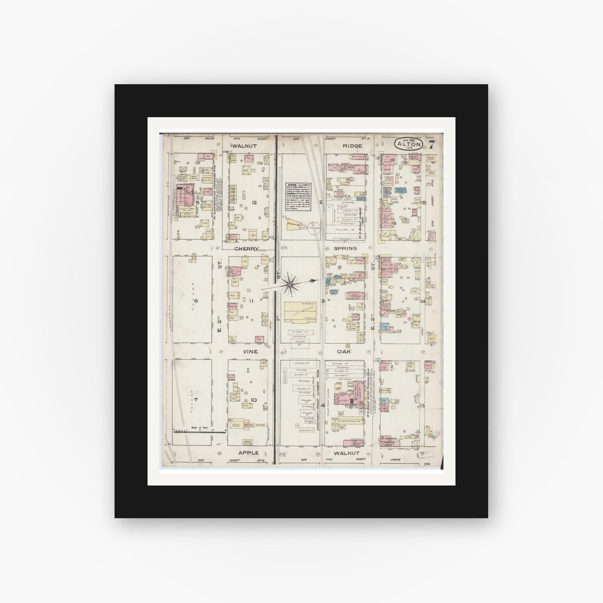 Old map wall art mockup — black gallery frame with white mat — Sanborn Fire Insurance Map from Alton, Madison County, Illinois (1885), Sheet #0007