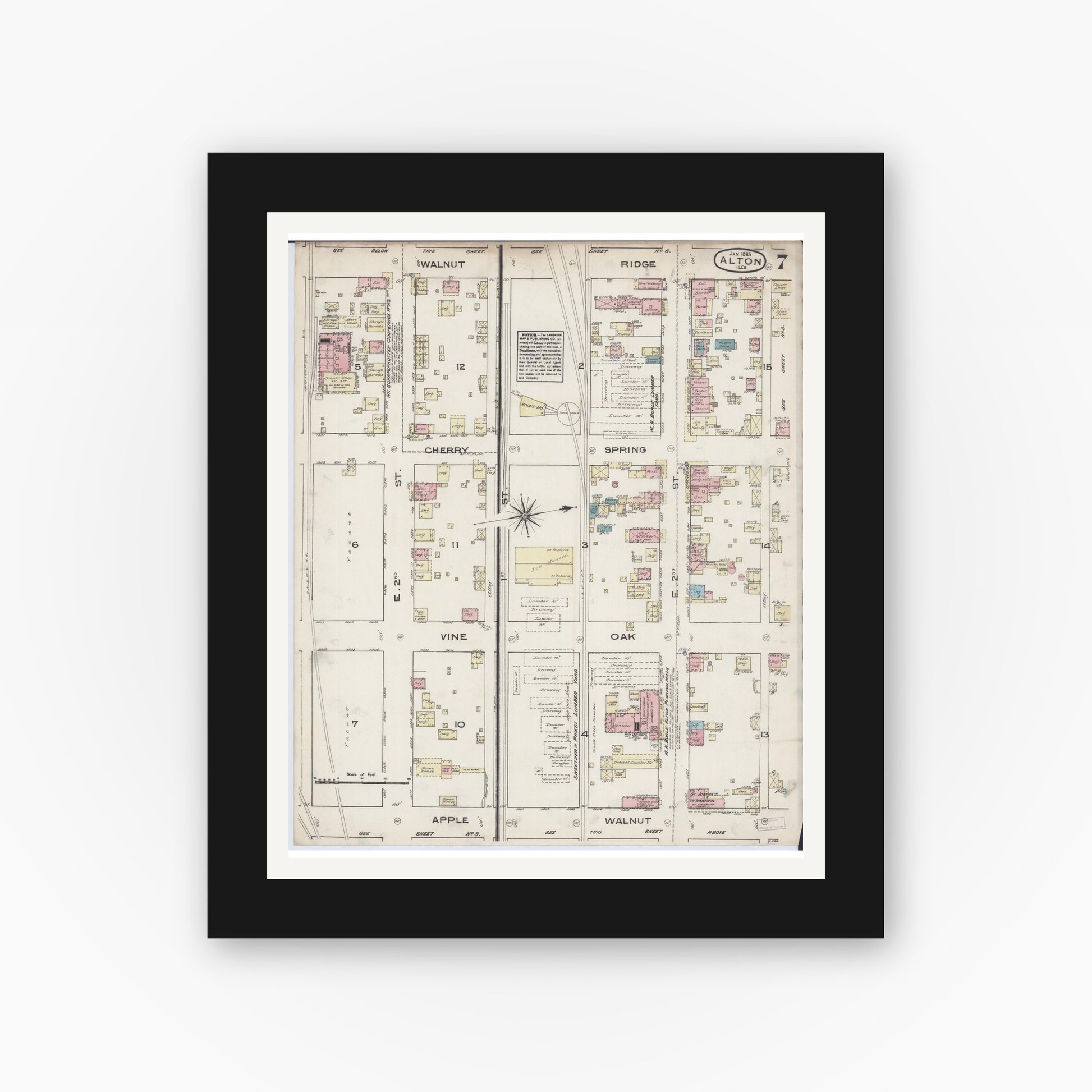 Old map wall art mockup — black gallery frame with white mat — Sanborn Fire Insurance Map from Alton, Madison County, Illinois (1885), Sheet #0007