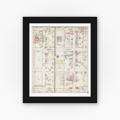 Old map wall art mockup — black gallery frame with white mat — Sanborn Fire Insurance Map from Alton, Madison County, Illinois (1885), Sheet #0007