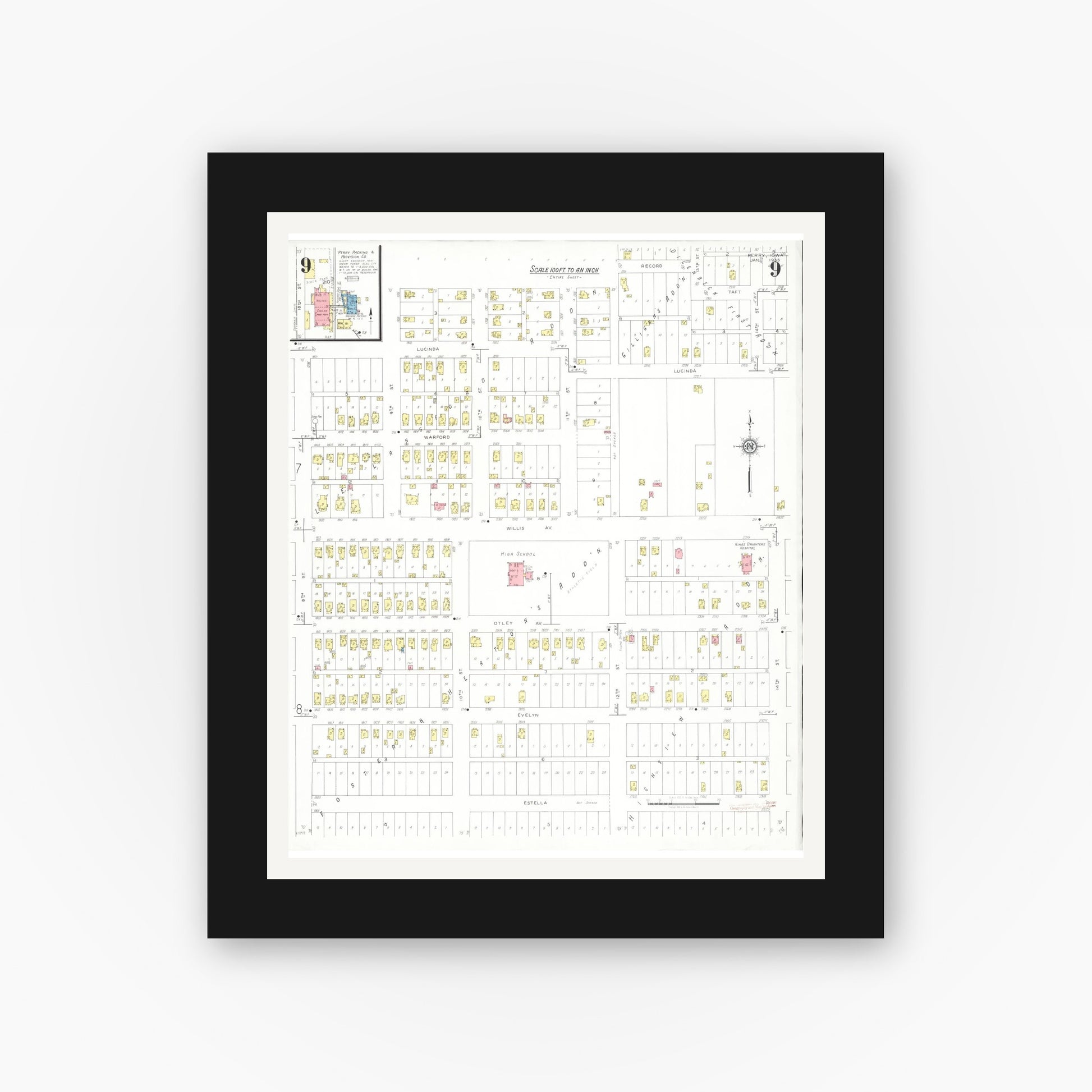 Old map wall art mockup — black gallery frame with white mat — Sanborn Fire Insurance Map from Perry, Dallas County, Iowa (1933), Sheet #0009