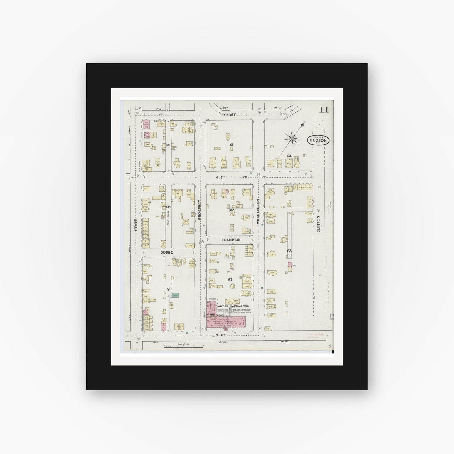 Old map wall art mockup — black gallery frame with white mat — Sanborn Fire Insurance Map from Hudson, Columbia County, New York (1889), Sheet #0011