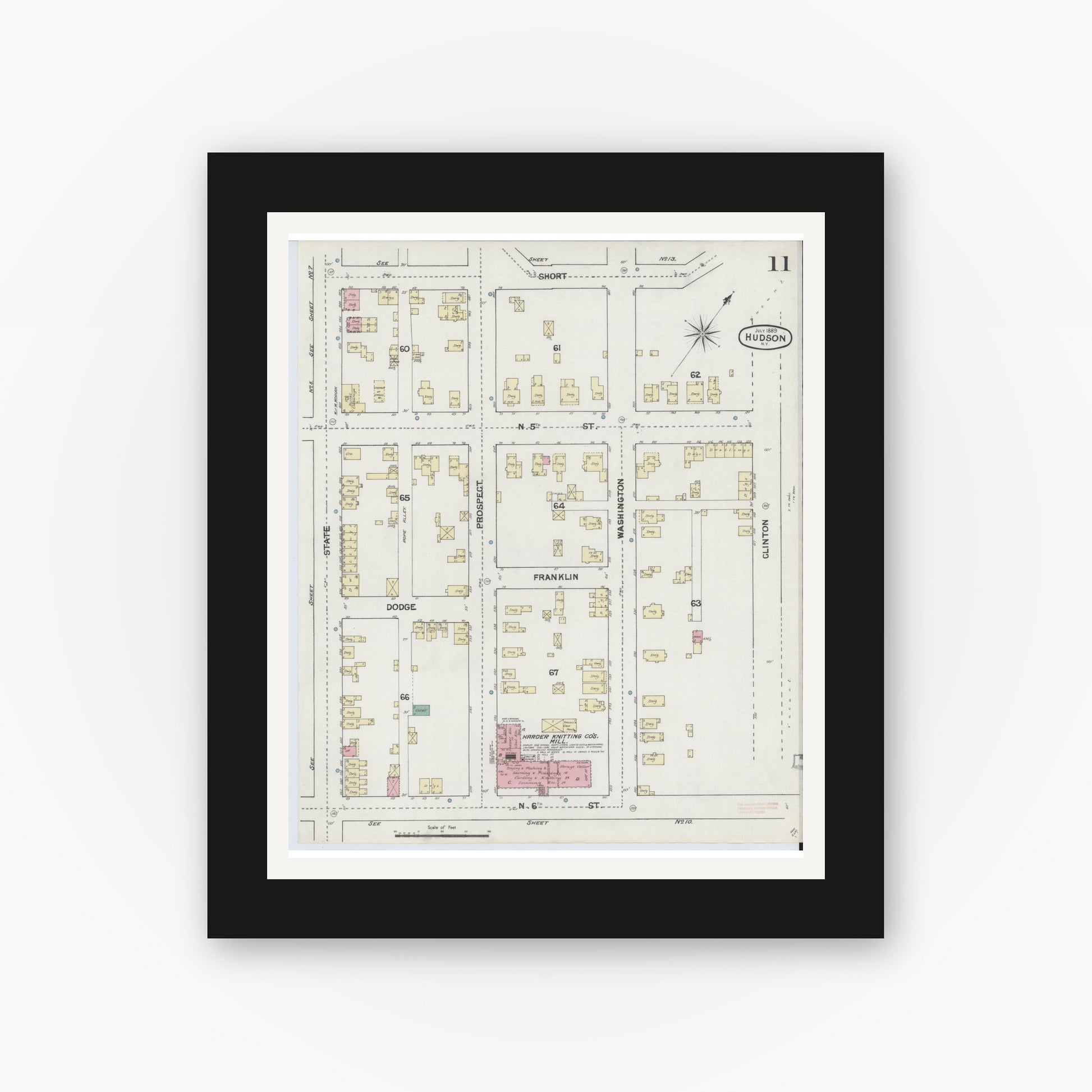 Old map wall art mockup — black gallery frame with white mat — Sanborn Fire Insurance Map from Hudson, Columbia County, New York (1889), Sheet #0011
