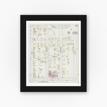 Old map wall art mockup — black gallery frame with white mat — Sanborn Fire Insurance Map from Hudson, Columbia County, New York (1889), Sheet #0011