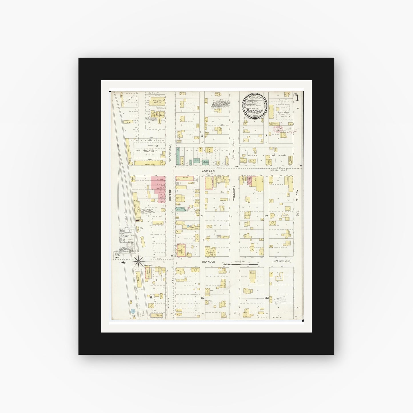 Old map wall art mockup — black gallery frame with white mat — Sanborn Fire Insurance Map from Postville, Allamakee County, Iowa (1895), Sheet #0001