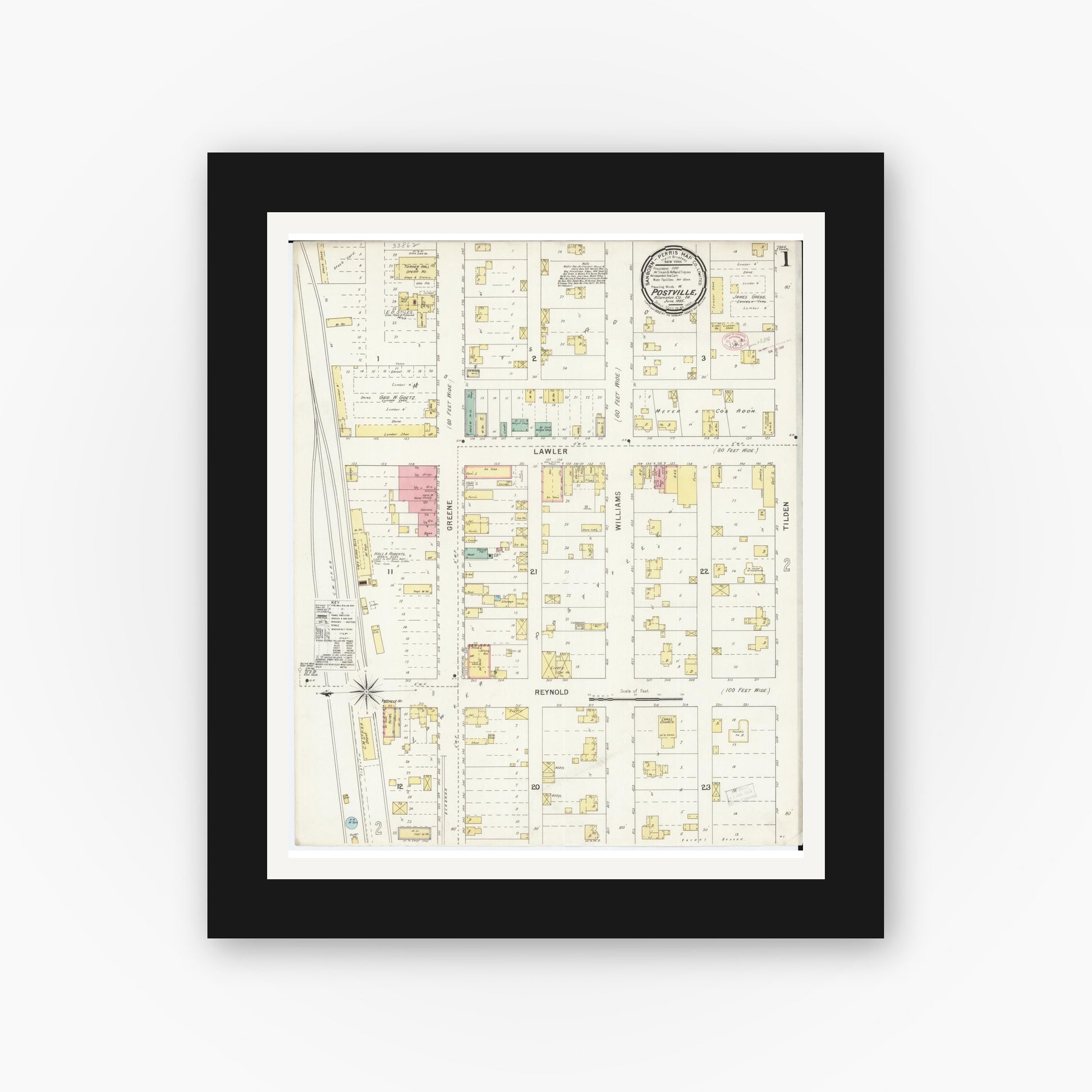 Old map wall art mockup — black gallery frame with white mat — Sanborn Fire Insurance Map from Postville, Allamakee County, Iowa (1895), Sheet #0001