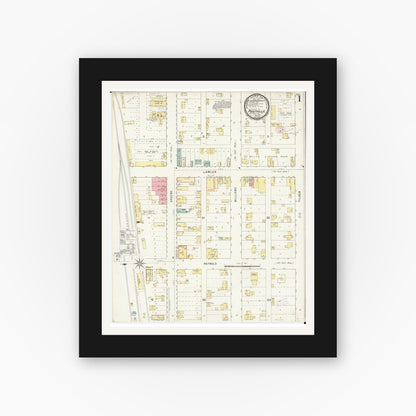Old map wall art mockup — black gallery frame with white mat — Sanborn Fire Insurance Map from Postville, Allamakee County, Iowa (1895), Sheet #0001