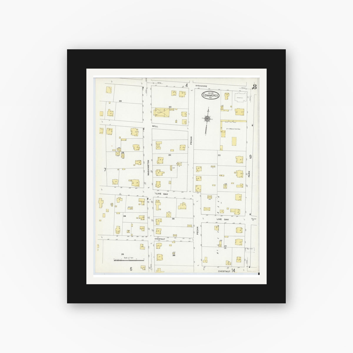 Old map wall art mockup — black gallery frame with white mat — Sanborn Fire Insurance Map from Commerce, Hunt County, Texas (1911), Sheet #0008