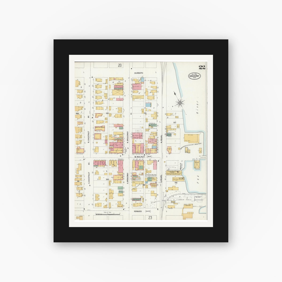 Old map wall art mockup — black gallery frame with white mat — Sanborn Fire Insurance Map from Green Bay, Brown County, Wisconsin (1900), Sheet #0022