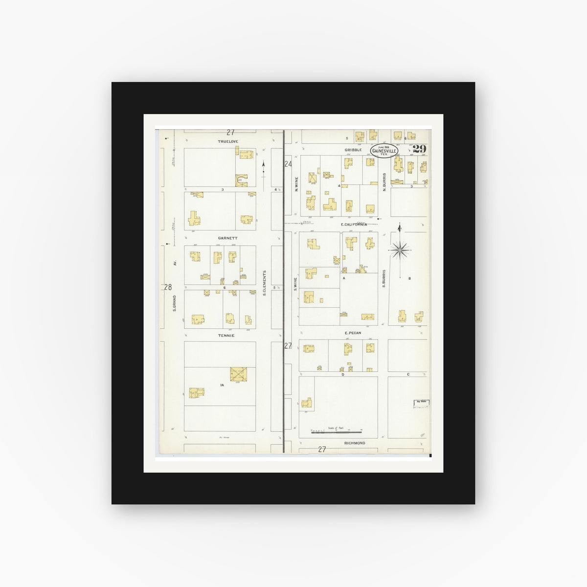 Old map wall art mockup — black gallery frame with white mat — Sanborn Fire Insurance Map from Gainesville, Cooke County, Texas (1908), Sheet #0029