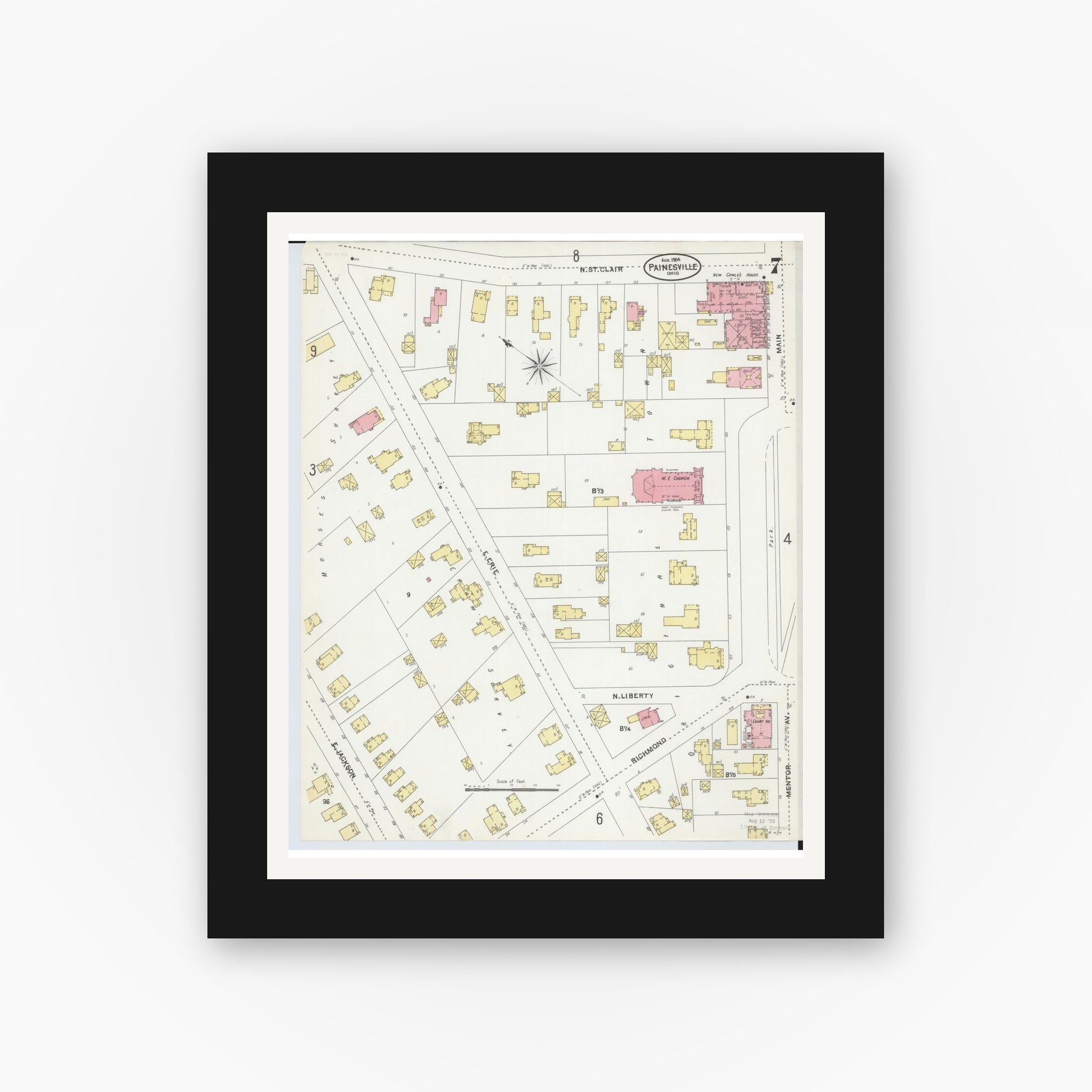 Old map wall art mockup — black gallery frame with white mat — Sanborn Fire Insurance Map from Painesville, Lake County, Ohio (1904), Sheet #0007
