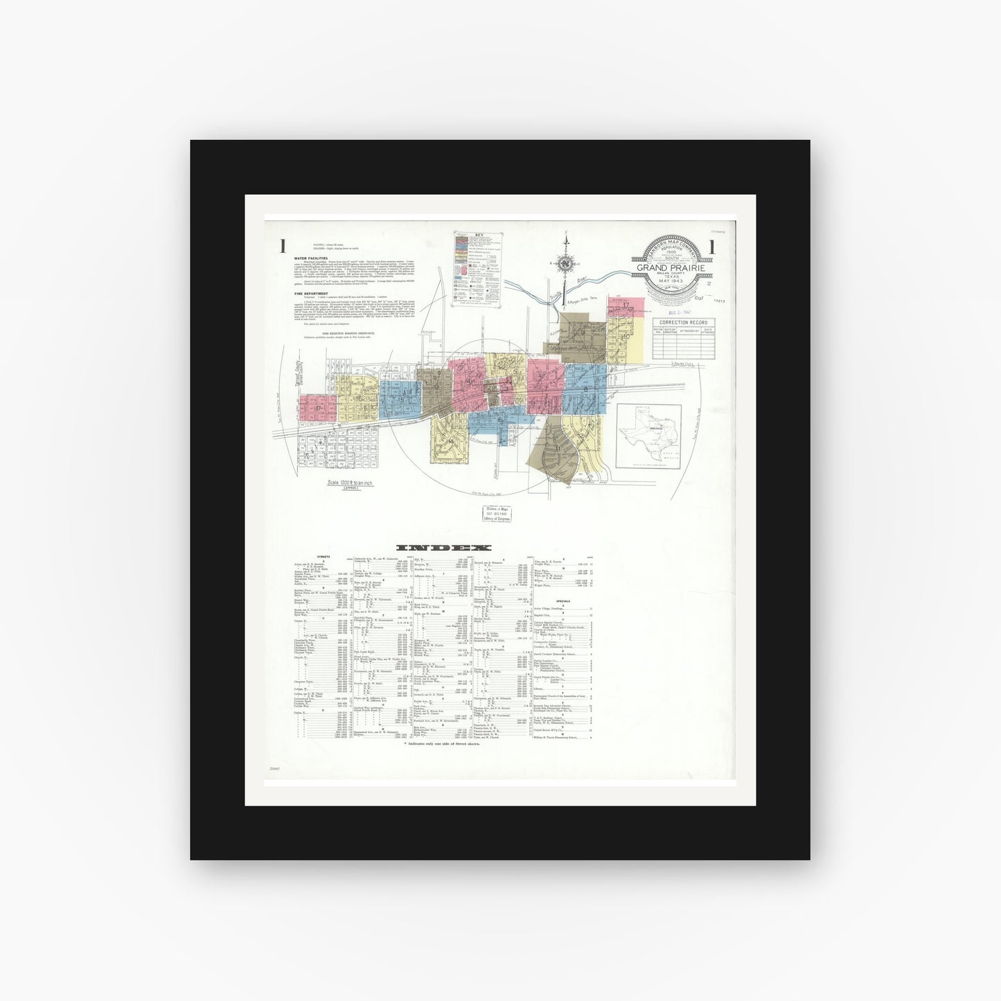 Old map wall art mockup — black gallery frame with white mat — Sanborn Fire Insurance Map from Grand Prairie, Dallas County, Texas (1943) - Complete Map Set