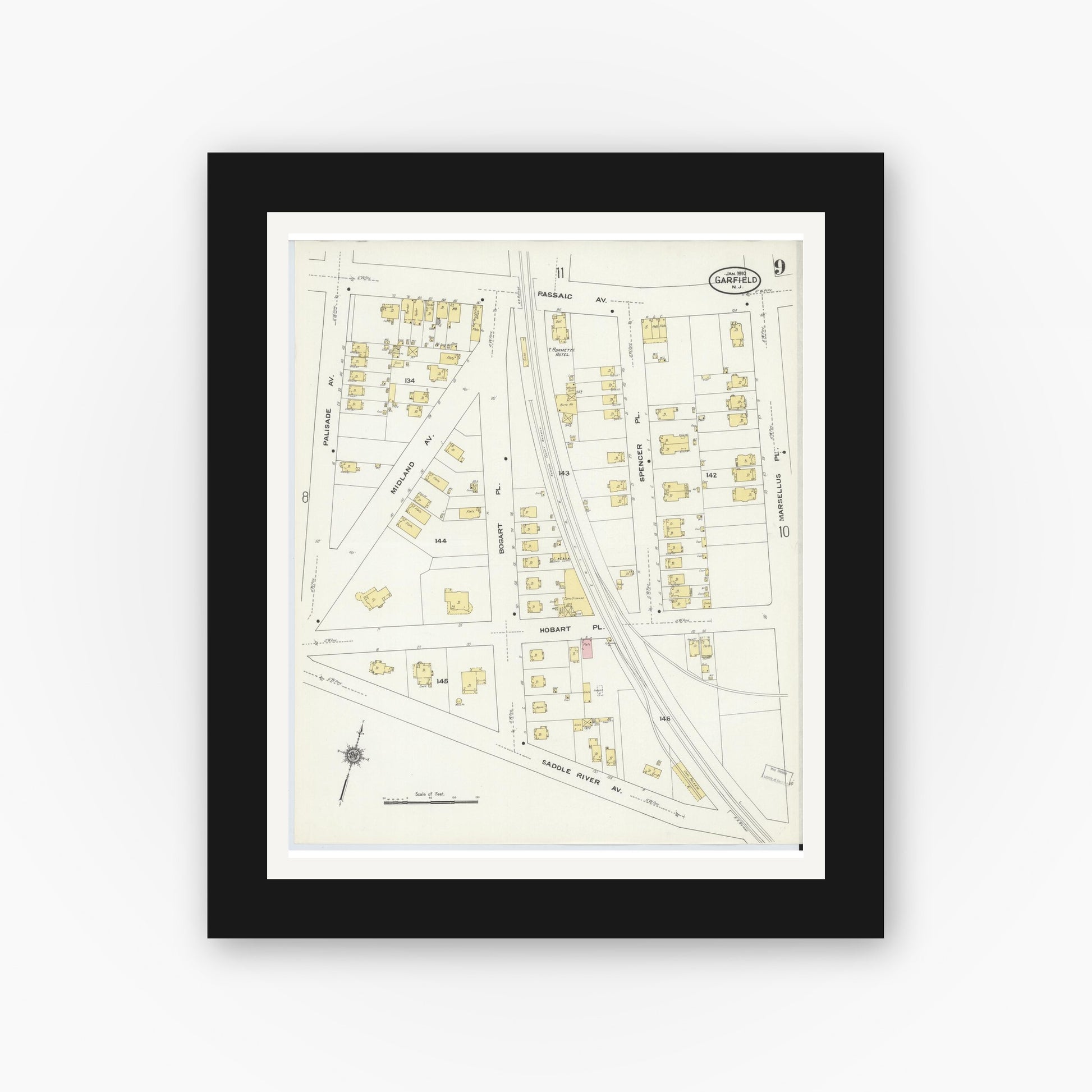 Old map wall art mockup — black gallery frame with white mat — Sanborn Fire Insurance Map from Garfield, Bergen County, New Jersey (1910), Sheet #0009