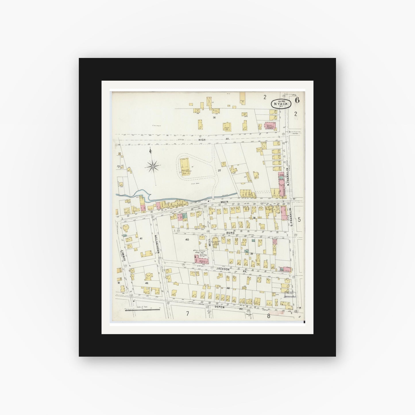Old map wall art mockup — black gallery frame with white mat — Sanborn Fire Insurance Map from Nyack, Rockland County, New York. (1896), Sheet #0006